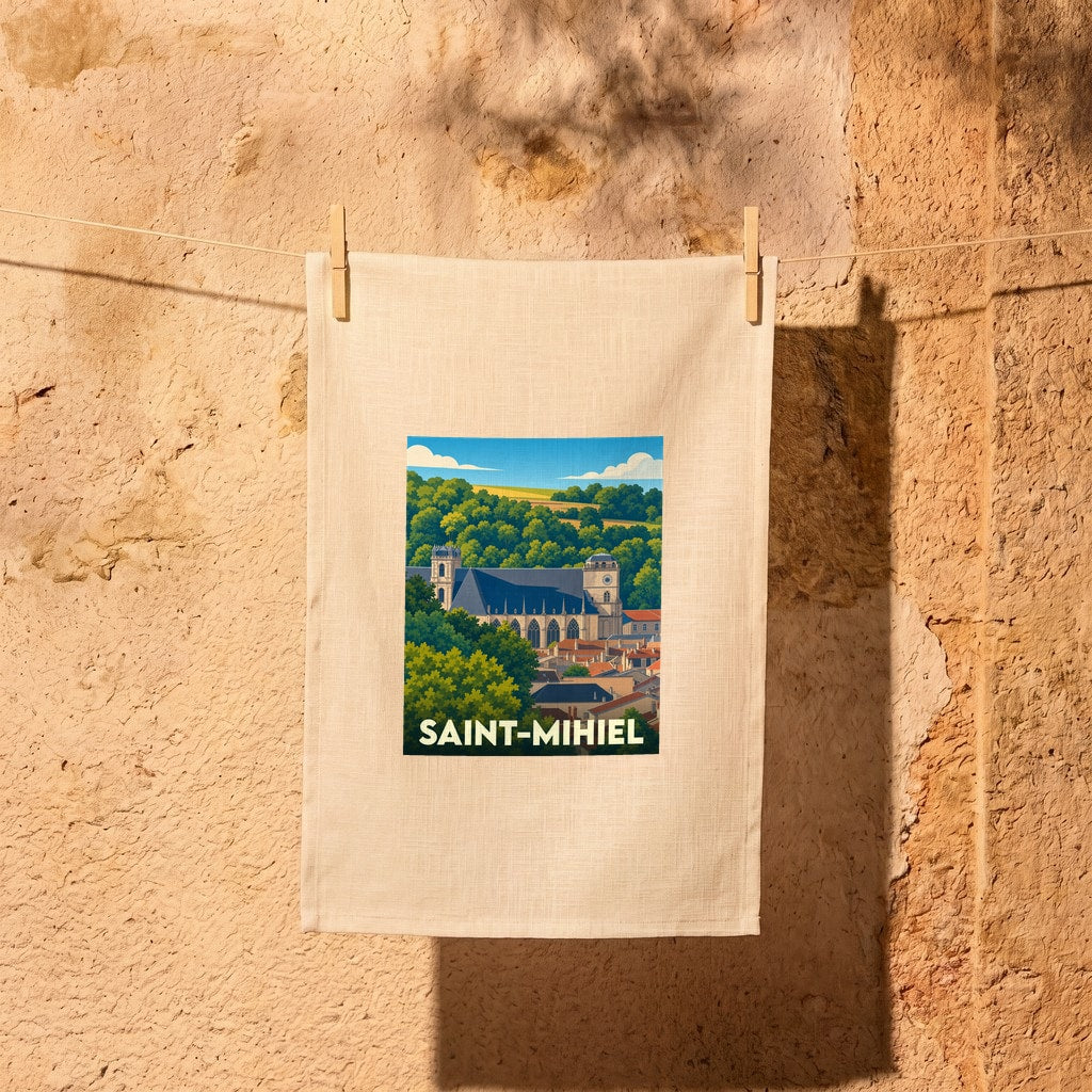 Torchon souvenir de la ville de Saint-Mihiel avec une illustration stylisée.