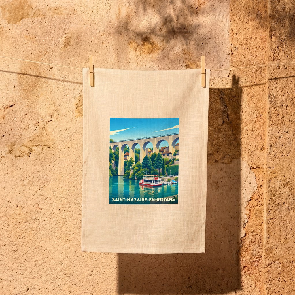 Torchon souvenir de Saint-Nazaire-en-Royans illustrant son célèbre viaduc et une croisière sur l'eau.