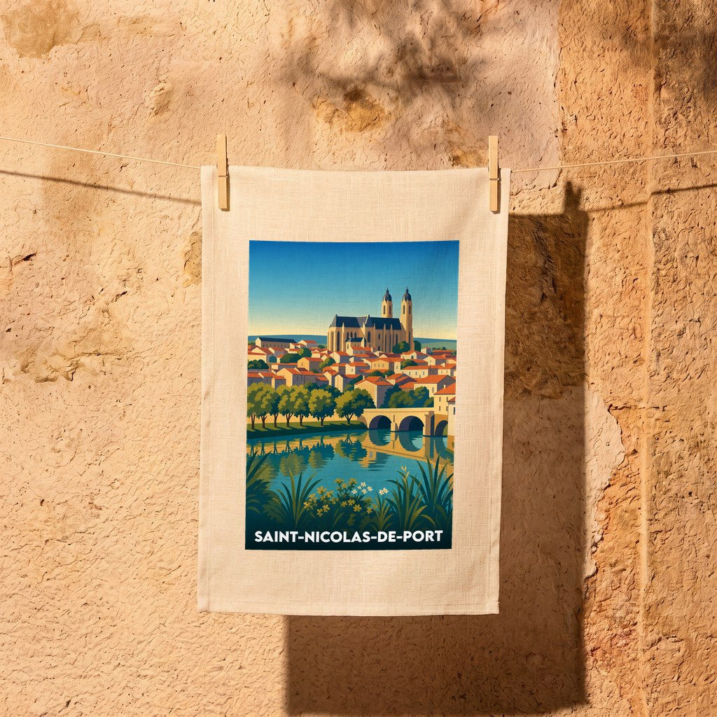 Torchon souvenir de la ville de Saint-Nicolas-de-Port avec une illustration stylisée.