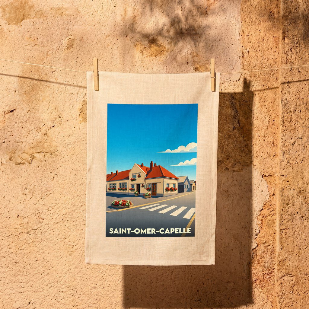 Torchon souvenir de la ville de Saint-Omer-Capelle avec une illustration stylisée.