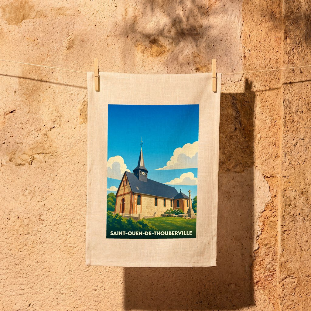 Torchon souvenir de la ville de Saint-Ouen-de-Thouberville avec une illustration stylisée de son église.