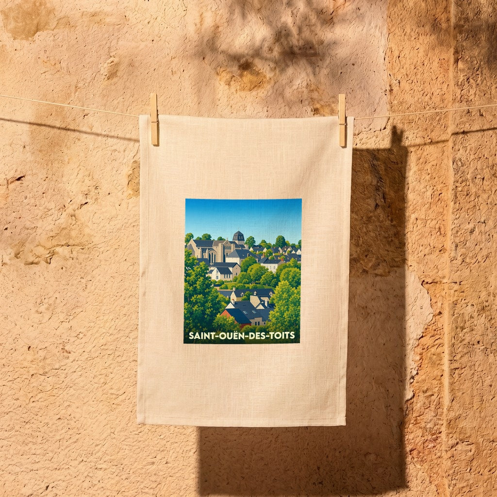 Torchon souvenir de la ville de Saint-Ouën-des-Toits avec une illustration stylisée.