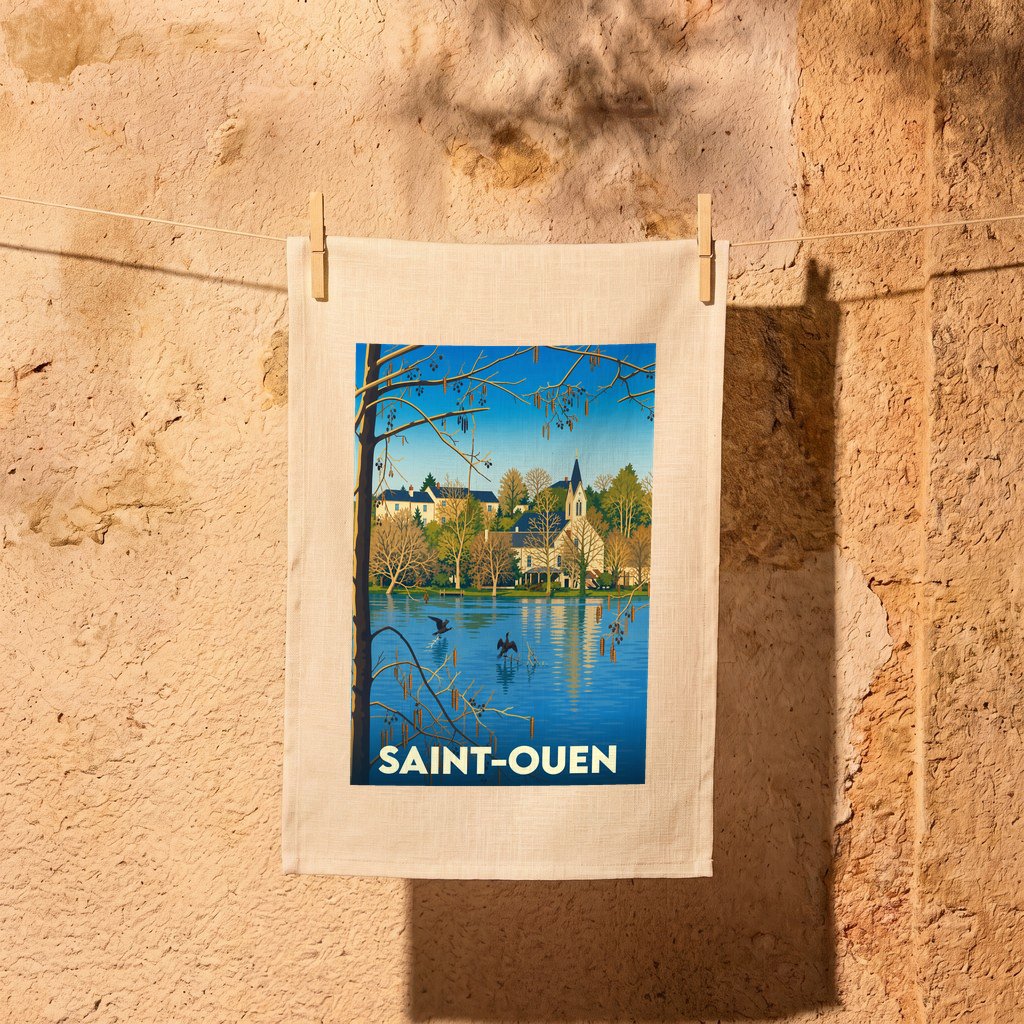 Torchon souvenir de la ville de Saint-Ouen avec une illustration stylisée d'un paysage au bord de l'eau.