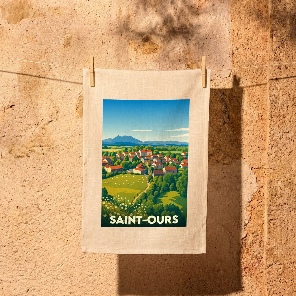 Torchon souvenir de la ville de Saint-Ours avec une illustration stylisée de son paysage vallonné.