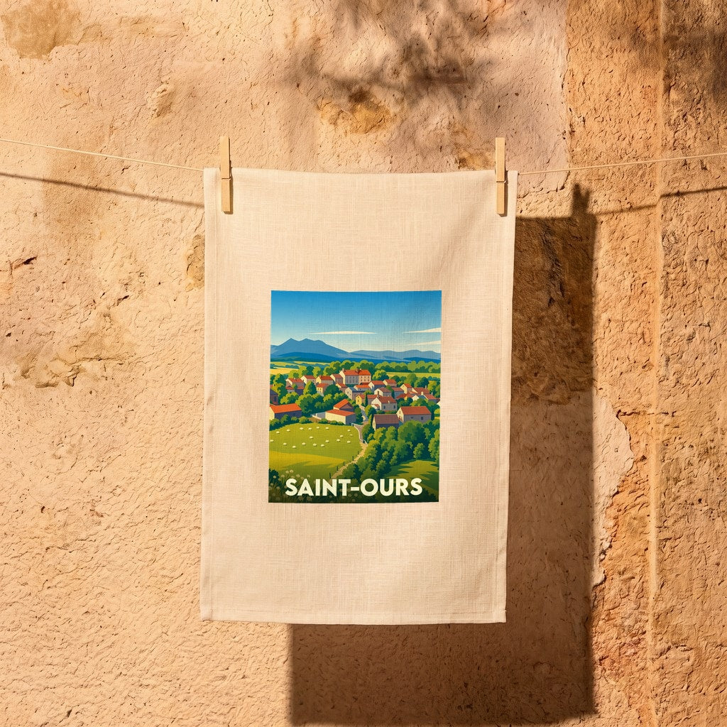 Torchon souvenir de la ville de Saint-Ours avec une illustration stylisée de son paysage vallonné.