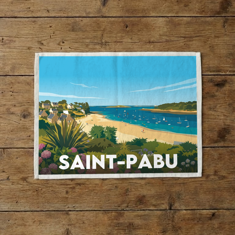 Torchon souvenir de la ville de Saint-Pabu avec une illustration côtière stylisée.