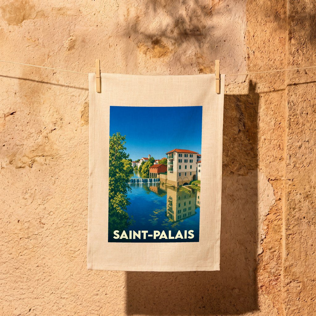 Torchon souvenir de la ville de Saint-Palais avec une illustration stylisée d'un paysage urbain au bord de l'eau.