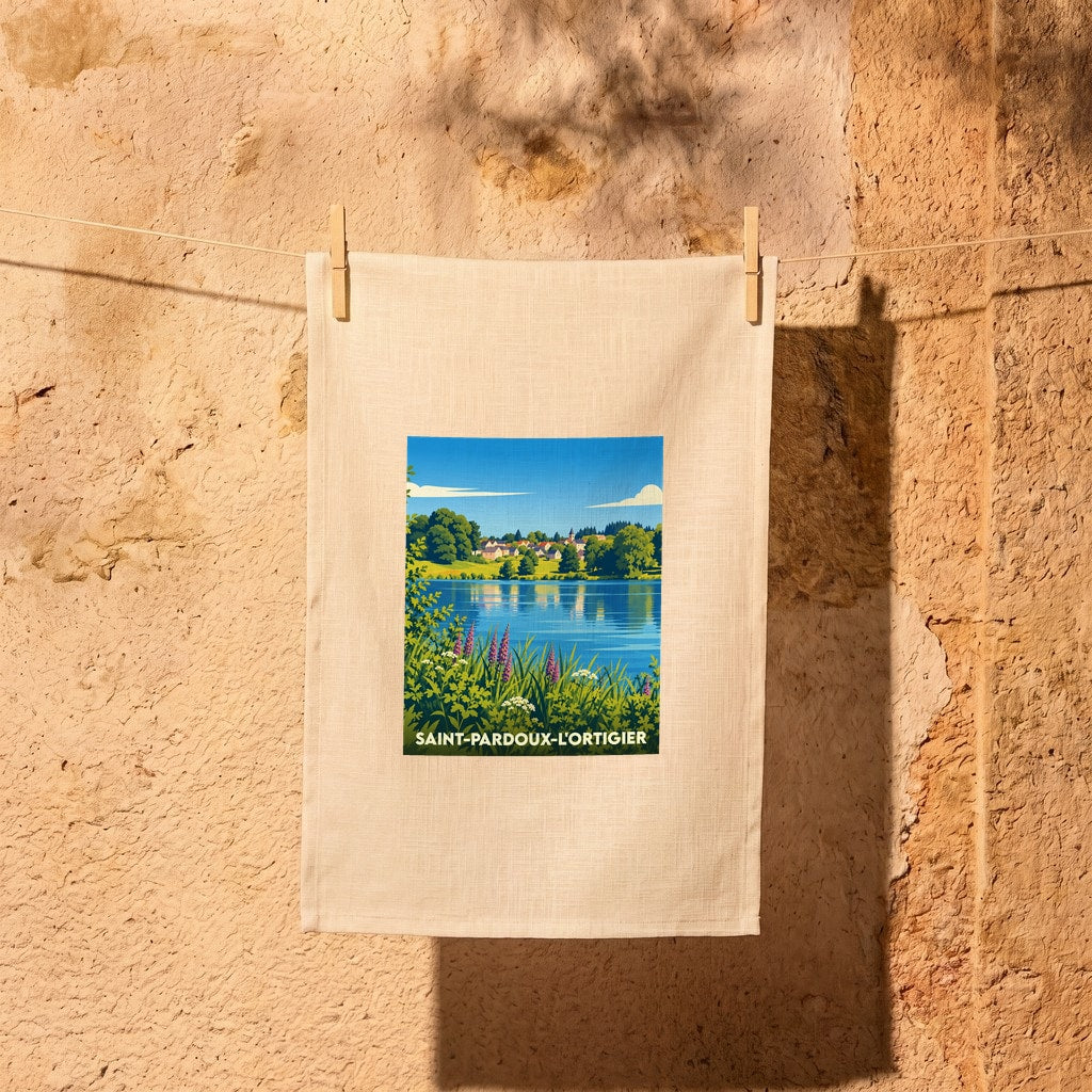 Torchon souvenir de la ville de Saint-Pardoux-l'Ortigier avec une illustration stylisée d'un paysage de lac.