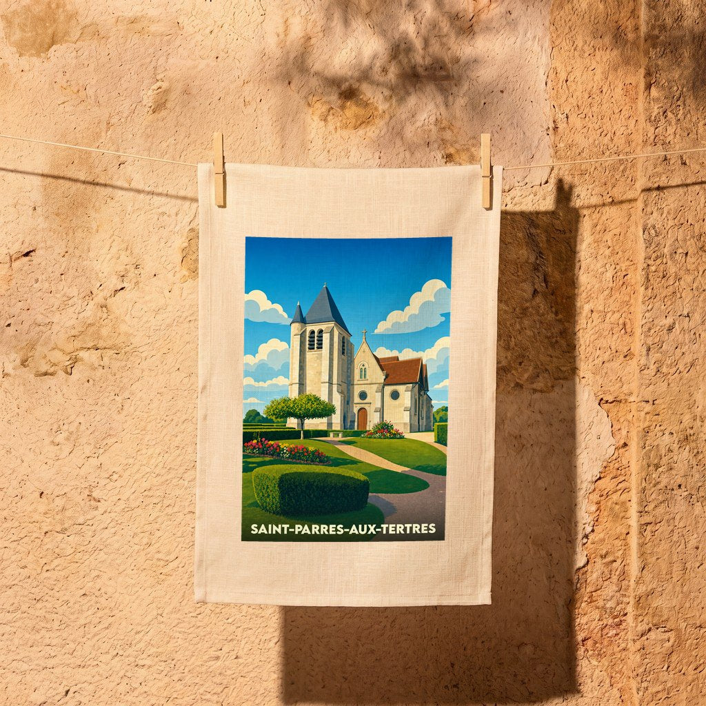 Torchon souvenir de la ville de Saint-Parres-aux-Tertres avec une illustration stylisée de son église.