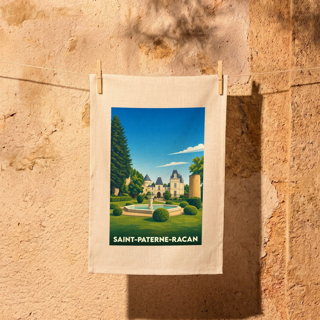 Torchon souvenir de la ville de Saint-Paterne-Racan illustrant un château et ses jardins stylisés.