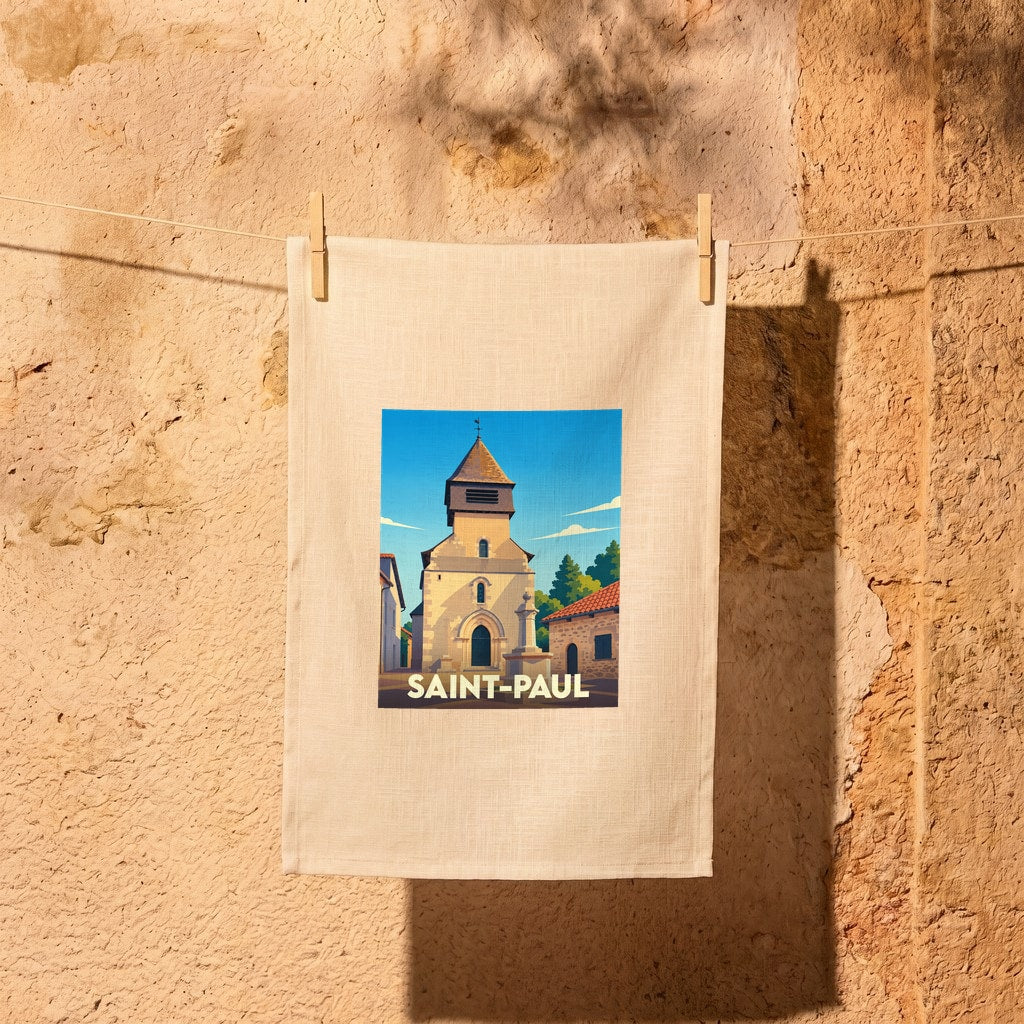 Torchon souvenir de la ville de Saint-Paul avec une illustration stylisée de son église.