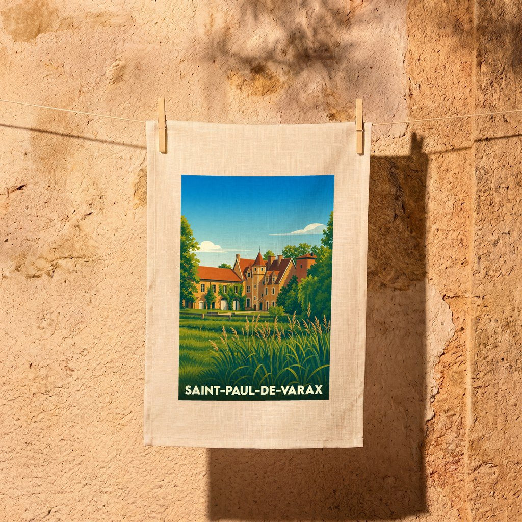 Torchon souvenir de la ville de Saint-Paul-de-Varax avec une illustration stylisée d'un château.