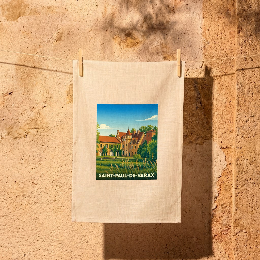 Torchon souvenir de la ville de Saint-Paul-de-Varax avec une illustration stylisée d'un château.