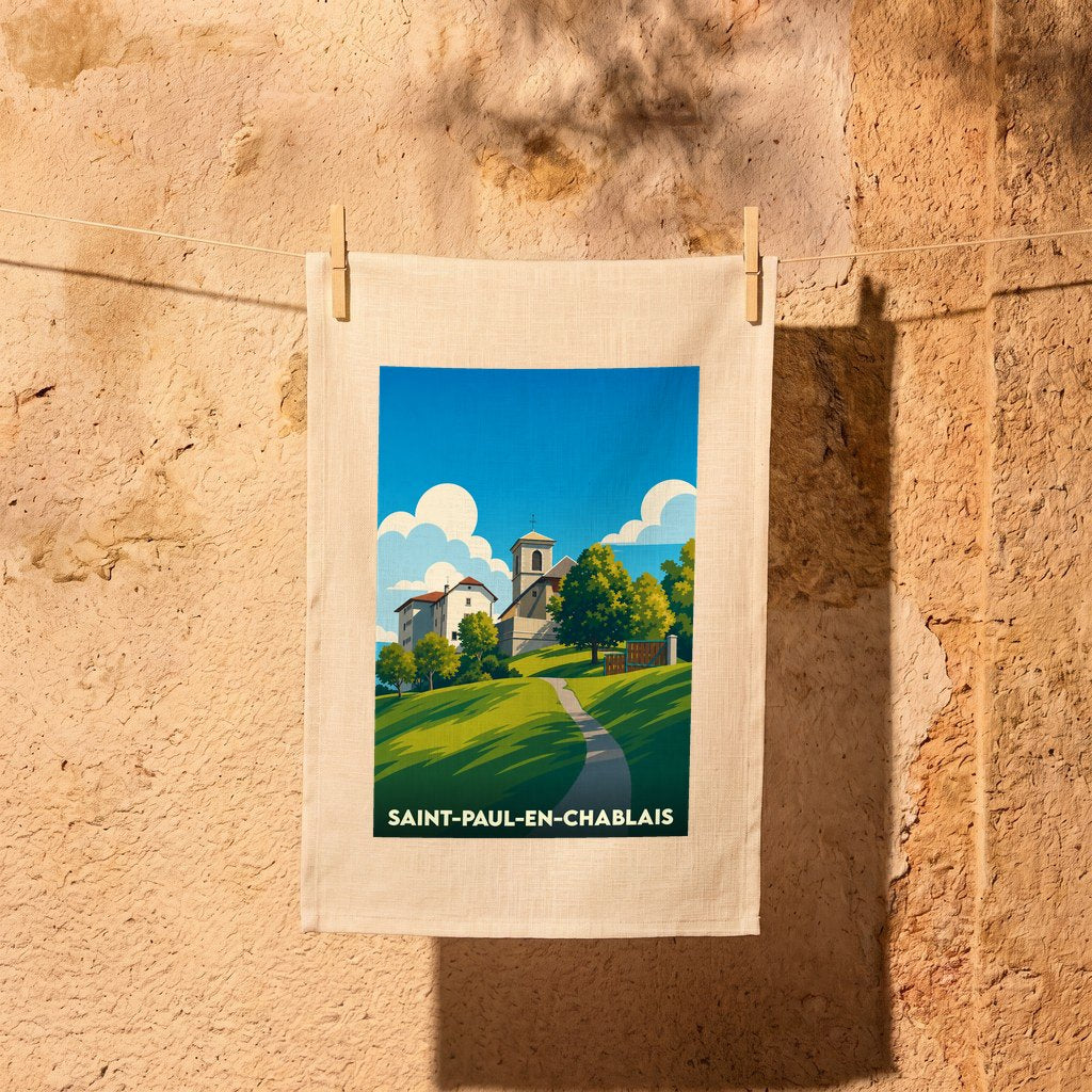 Torchon souvenir de la ville de Saint-Paul-en-Chablais avec une illustration stylisée.