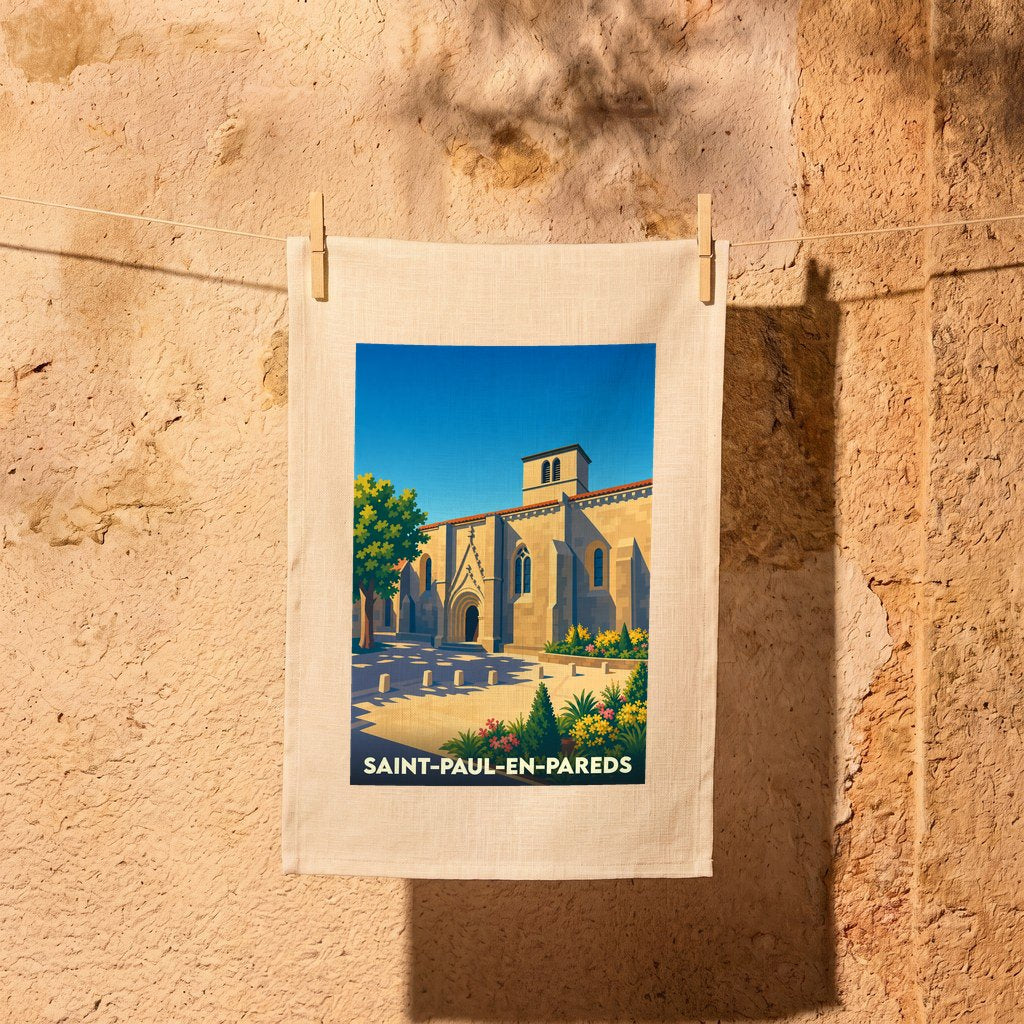 Torchon souvenir de la ville de Saint-Paul-en-Pareds avec une illustration stylisée de son église.
