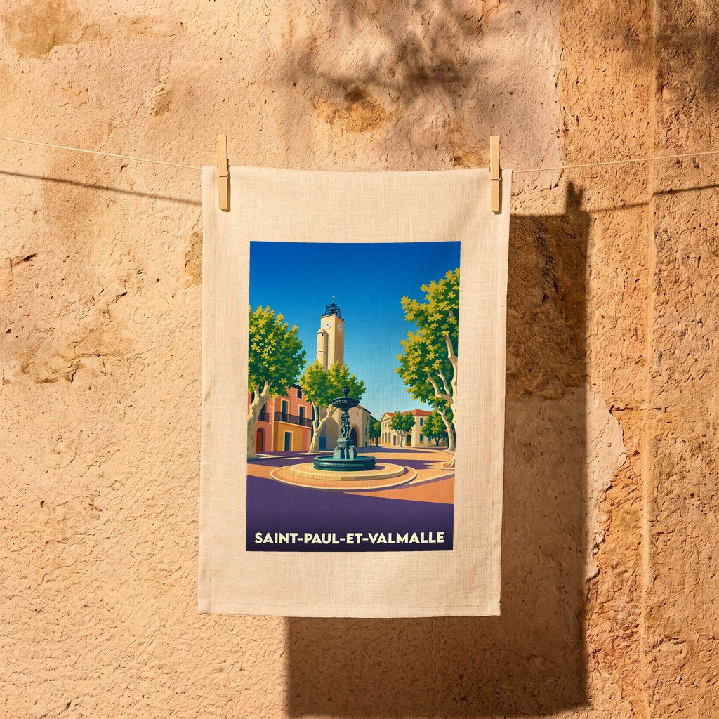 Torchon souvenir de la ville de Saint-Paul-et-Valmalle avec une illustration stylisée de sa place principale.