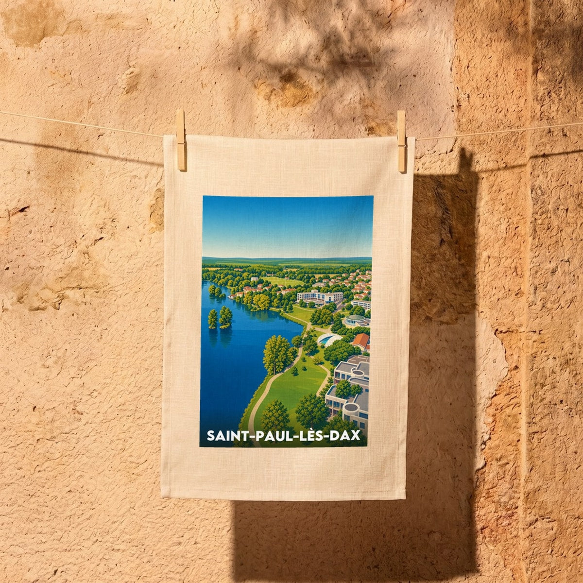 Torchon souvenir de la ville de Saint-Paul-lès-Dax avec une illustration paysagère stylisée.