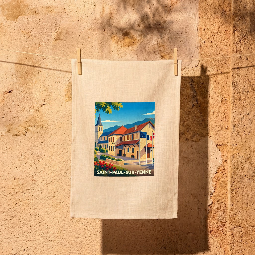 Torchon souvenir de la ville de Saint-Paul-sur-Yenne avec une illustration stylisée.