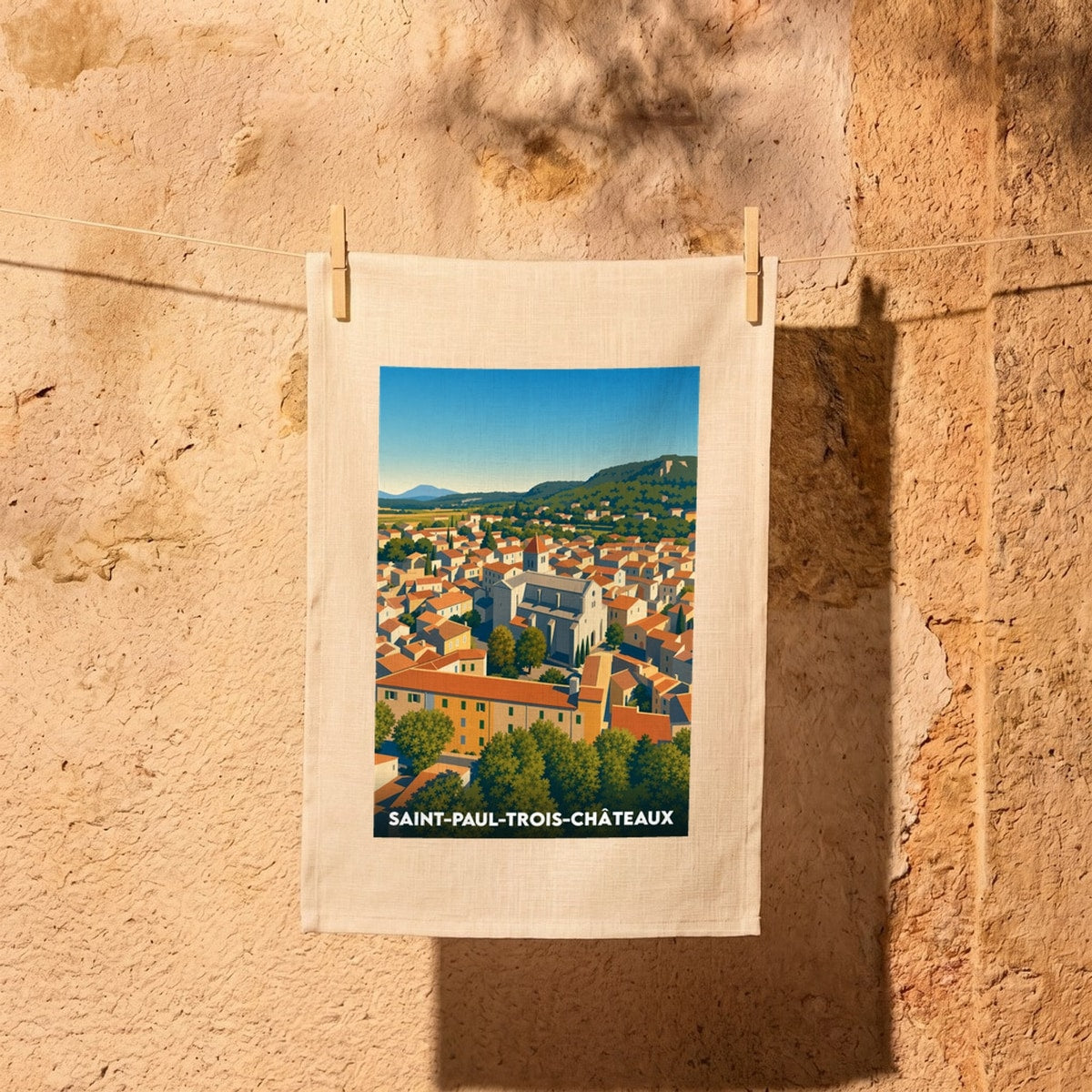 Torchon souvenir de la ville de Saint-Paul-Trois-Châteaux avec une illustration stylisée et colorée.