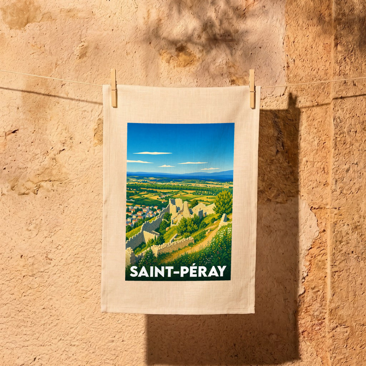 Torchon souvenir de la ville de Saint-Péray illustré d'une vue stylisée du château de Crussol.