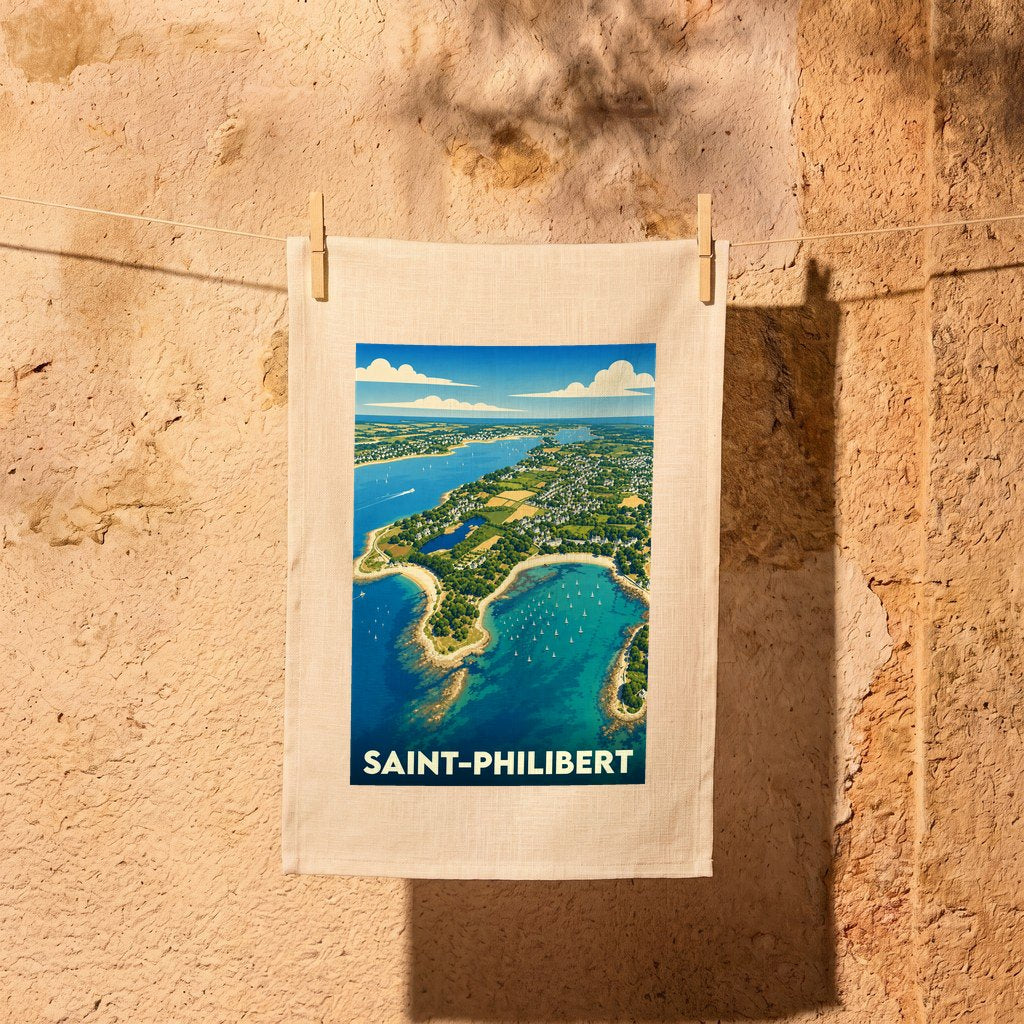 Torchon souvenir de la ville de Saint-Philibert illustré par une vue aérienne stylisée de son littoral.