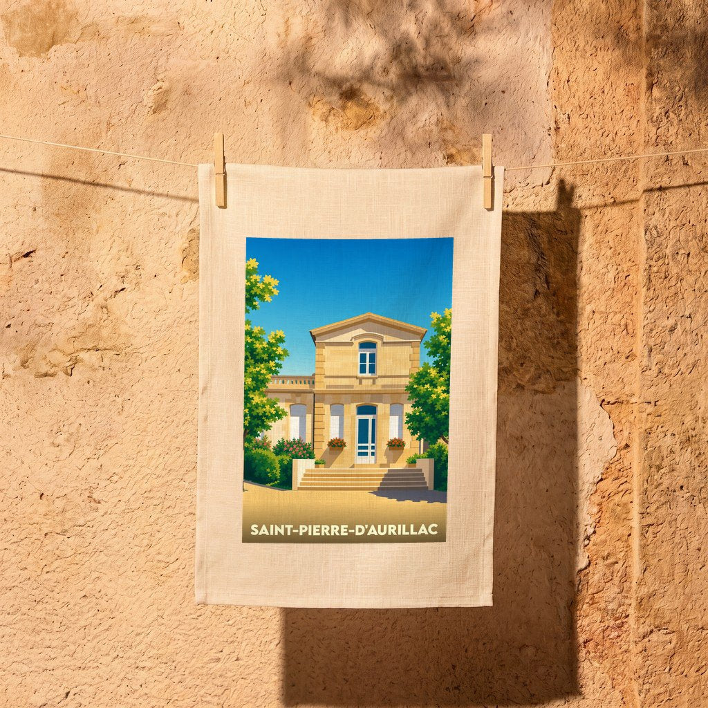 Torchon souvenir de la ville de Saint-Pierre-d’Aurillac avec une illustration stylisée de sa mairie.
