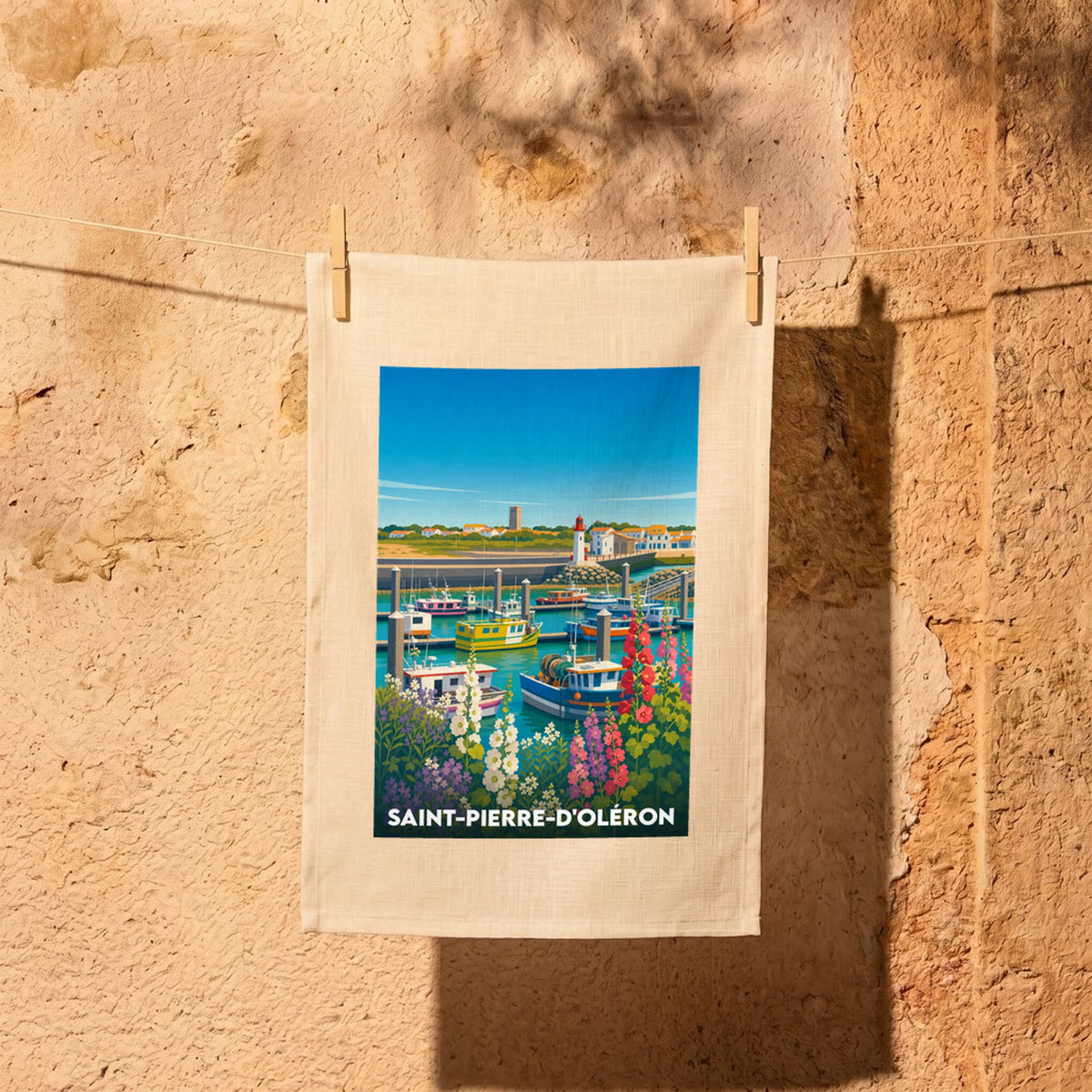 Torchon souvenir de la ville de Saint-Pierre-d'Oléron avec une illustration stylisée du port de pêche et de son phare.