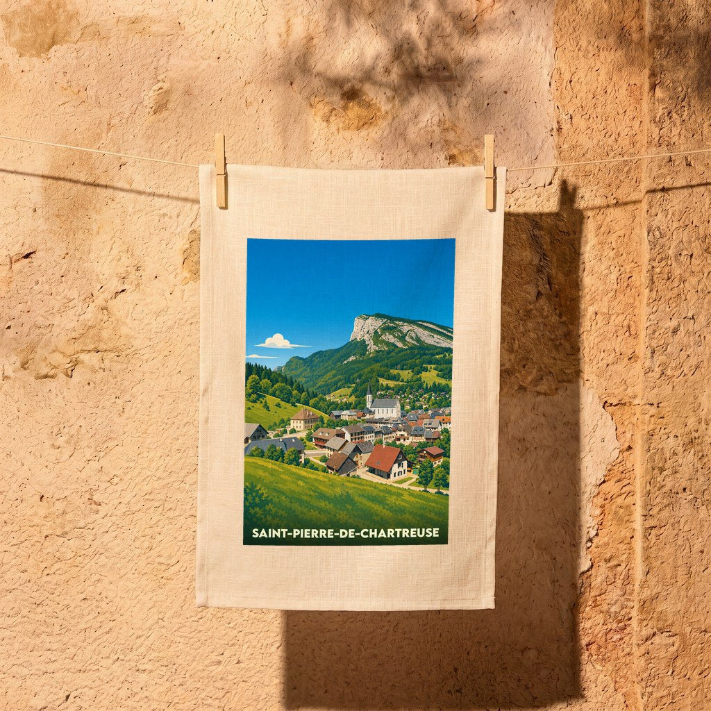 Torchon souvenir de Saint-Pierre-de-Chartreuse illustré d'une vue panoramique stylisée du village et de ses montagnes.