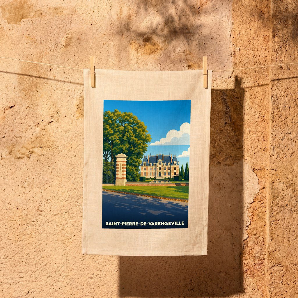 Torchon souvenir de la ville de Saint-Pierre-de-Varengeville avec une illustration stylisée d'un château.