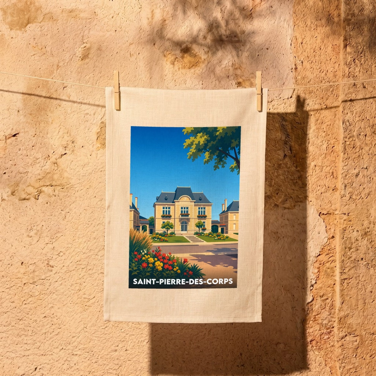 Torchon souvenir de la ville de Saint-Pierre-des-Corps avec une illustration stylisée de son architecture.