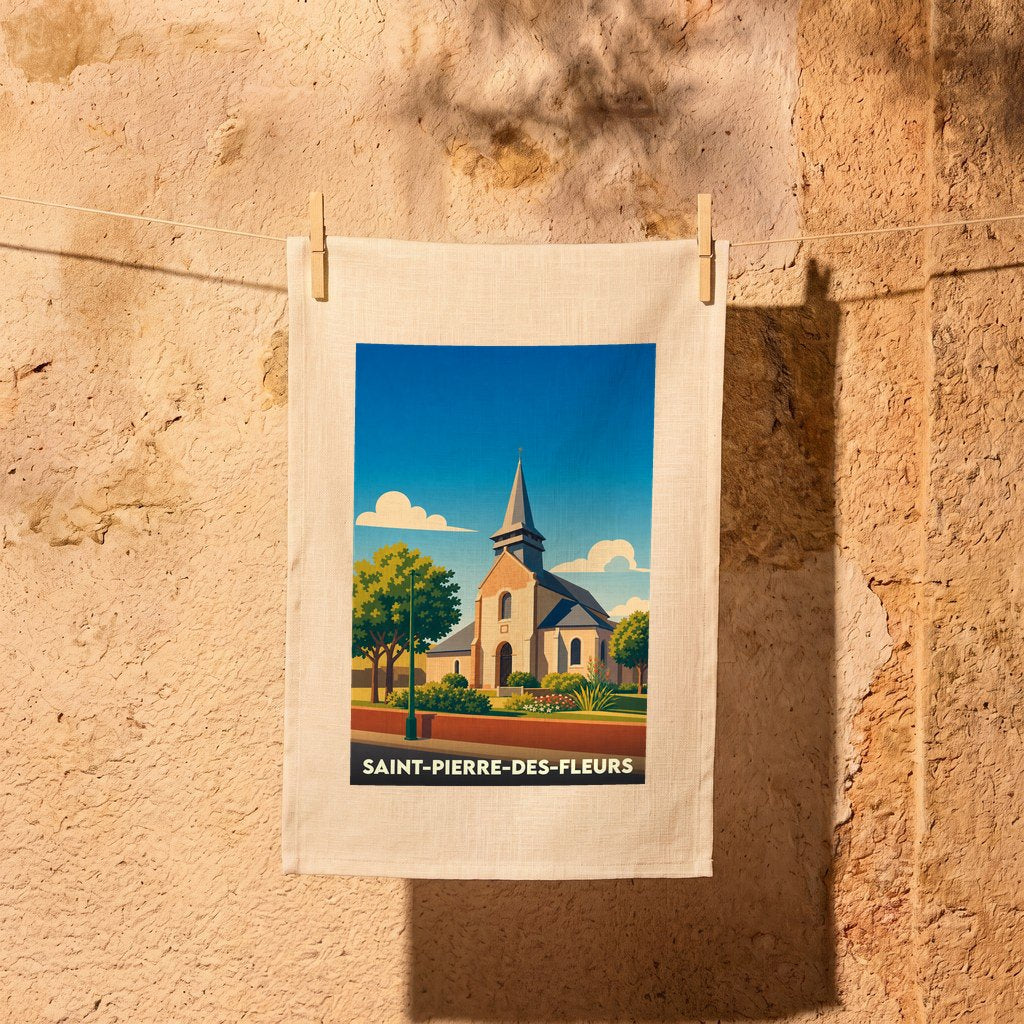 Torchon souvenir de la ville de Saint-Pierre-des-Fleurs avec une illustration stylisée de son église.