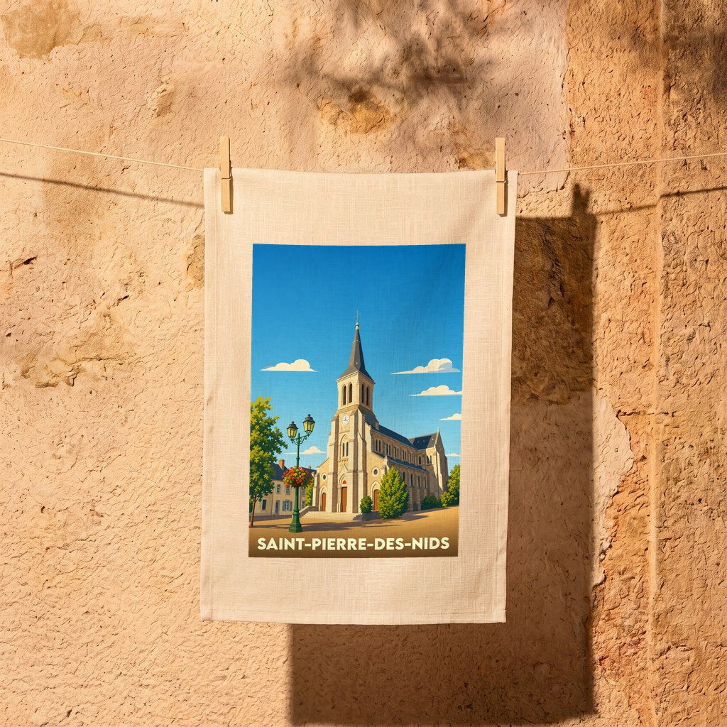 Torchon souvenir de la ville de Saint-Pierre-des-Nids avec une illustration stylisée de son église.