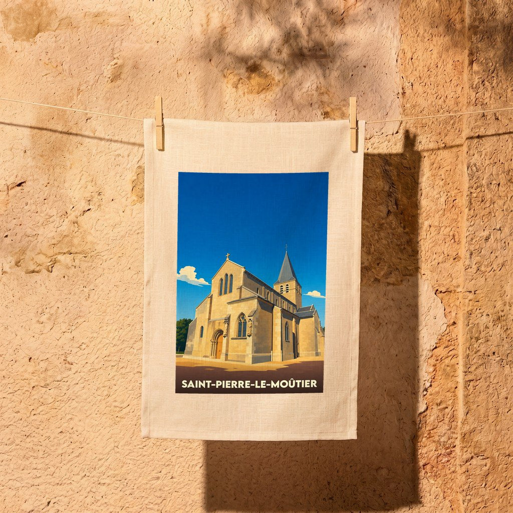 Torchon souvenir de la ville de Saint-Pierre-le-Moûtier avec une illustration stylisée de son église.