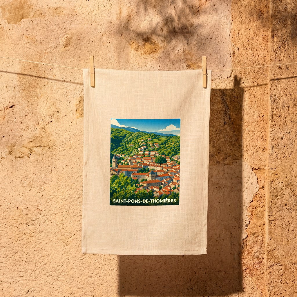 Torchon souvenir de la ville de Saint-Pons-de-Thomières avec une illustration stylisée.