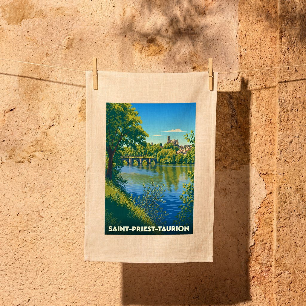 Torchon souvenir de la ville de Saint-Priest-Taurion avec une illustration stylisée de ses paysages et de son pont.