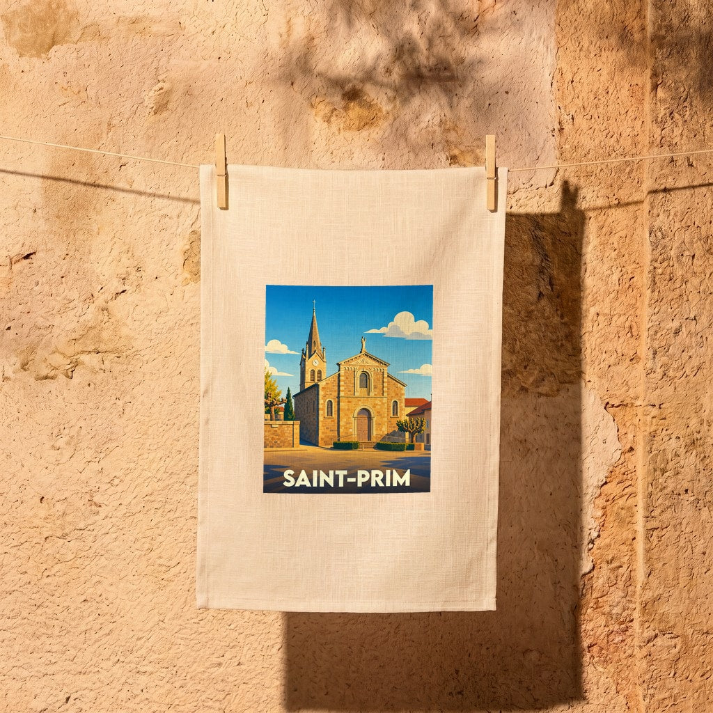 Torchon souvenir de la ville de Saint-Prim avec une illustration stylisée de son église.