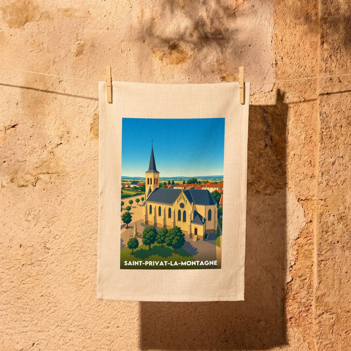 Torchon souvenir de la ville de Saint-Privat-la-Montagne avec une illustration stylisée.