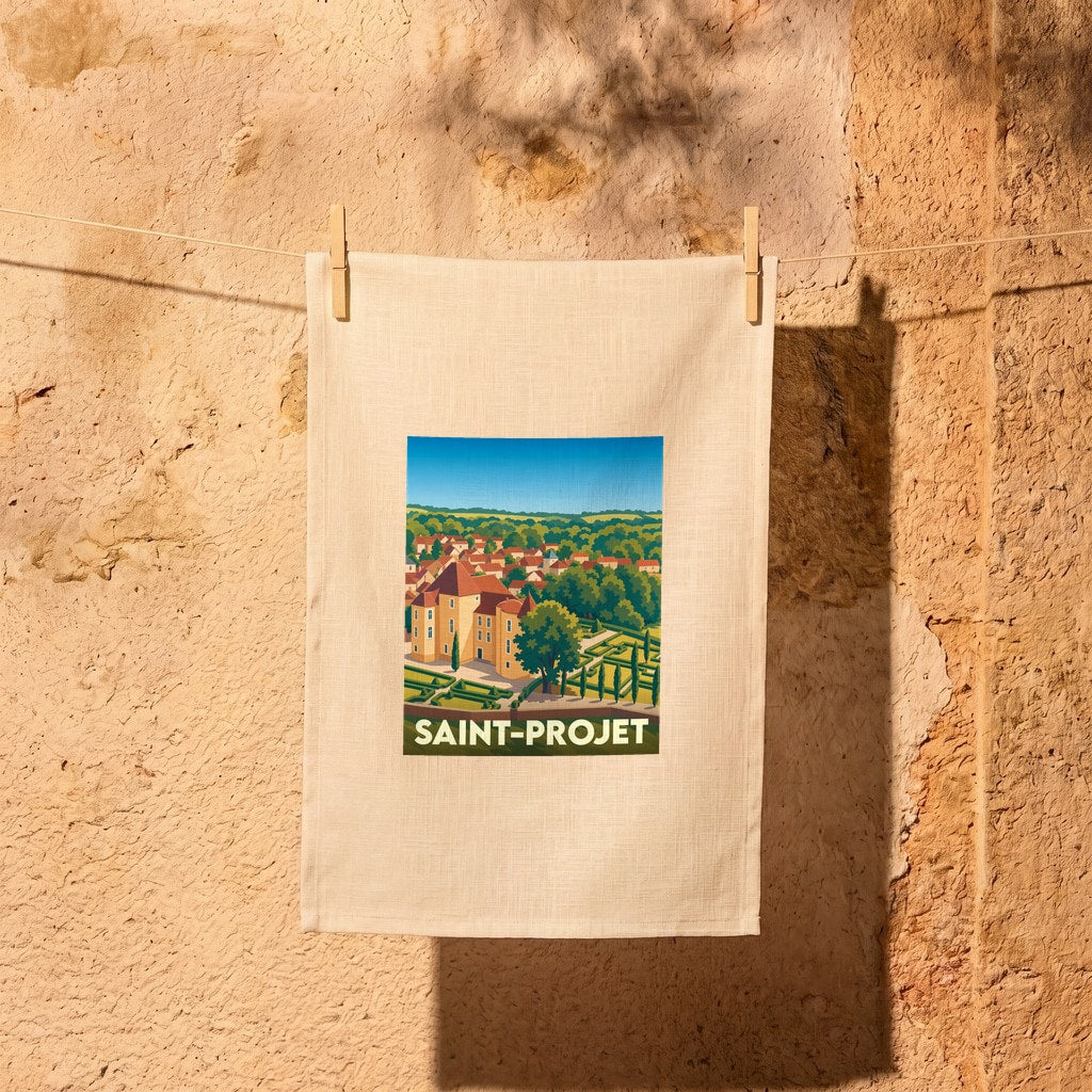 Torchon souvenir de la ville de Saint-Projet avec une illustration stylisée de son château.