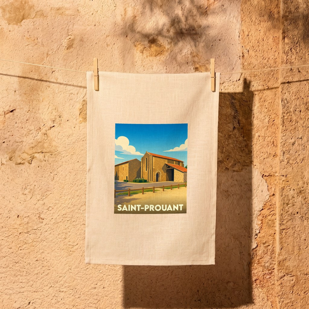 Torchon souvenir de la ville de Saint-Prouant avec une illustration stylisée d'un bâtiment historique.