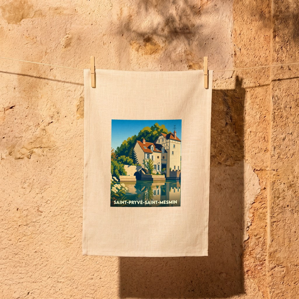 Torchon souvenir de la ville de Saint-Pryvé-Saint-Mesmin avec une illustration stylisée d'un moulin au bord de l'eau.
