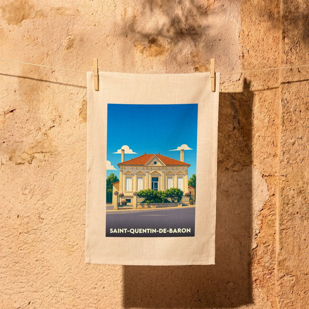 Torchon souvenir de la ville de Saint-Quentin-de-Baron avec une illustration stylisée d'une maison de maître girondine.