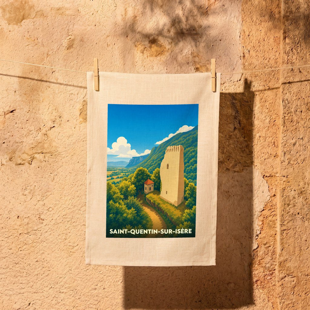 Torchon souvenir de la ville de Saint-Quentin-sur-Isère avec une illustration stylisée.