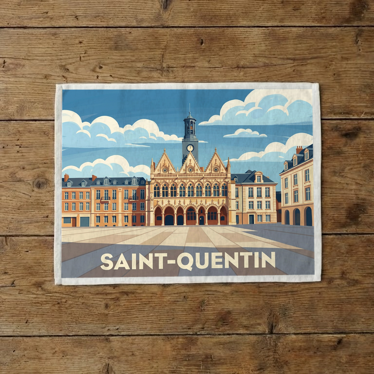 Torchon souvenir de la ville de Saint-Quentin avec une illustration stylisée.