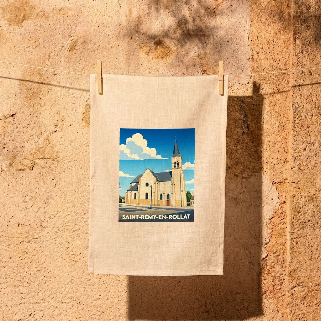 Torchon souvenir de Saint-Rémy-en-Rollat illustré d'un dessin stylisé de son église.