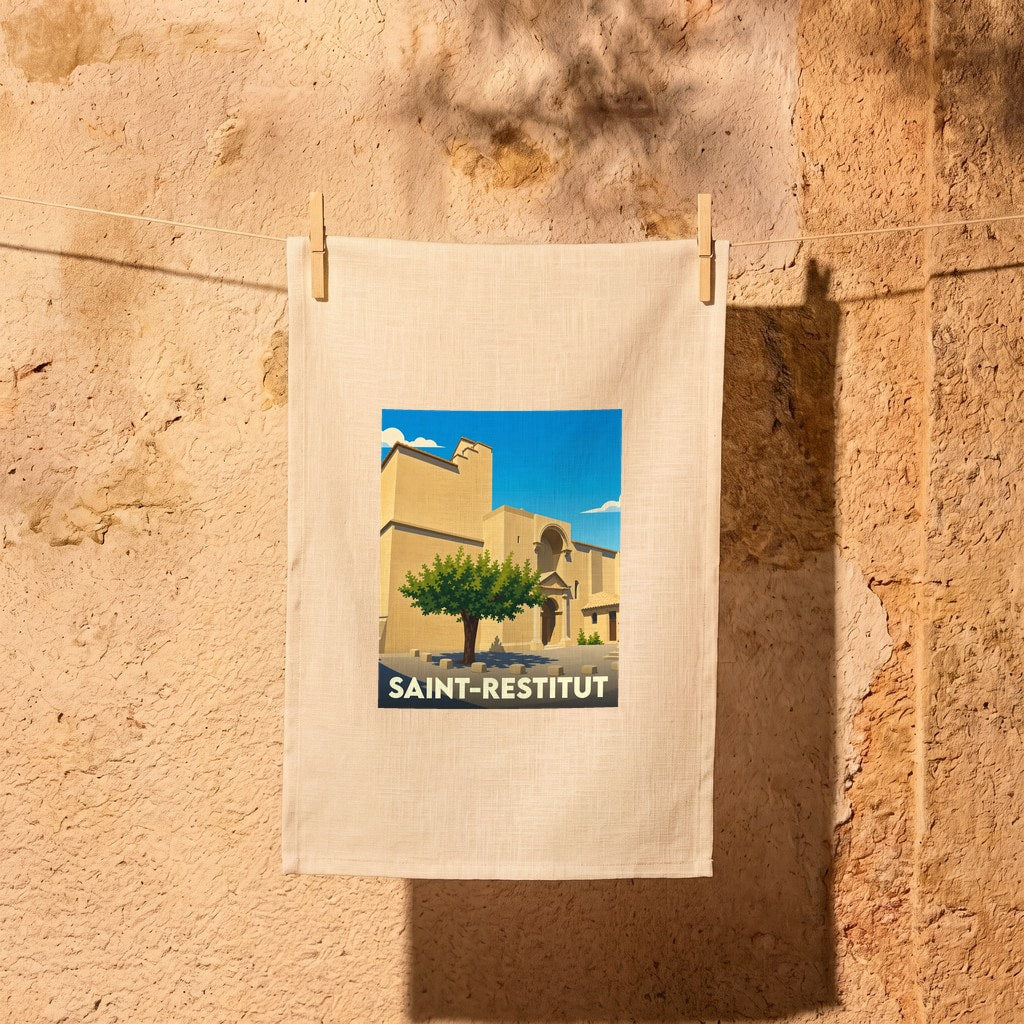 Torchon souvenir de la ville de Saint-Restitut avec une illustration stylisée d'un monument historique.