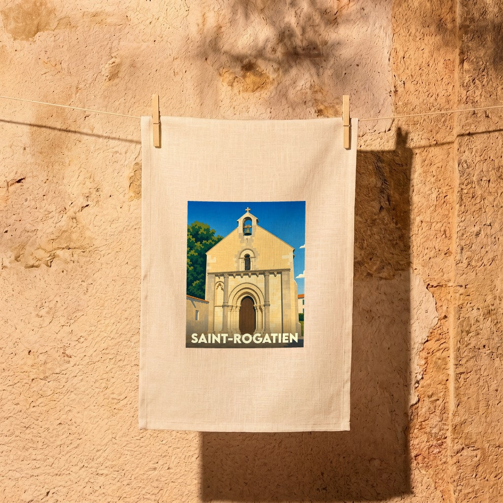 Torchon souvenir de la ville de Saint-Rogatien avec une illustration stylisée de son église romane.