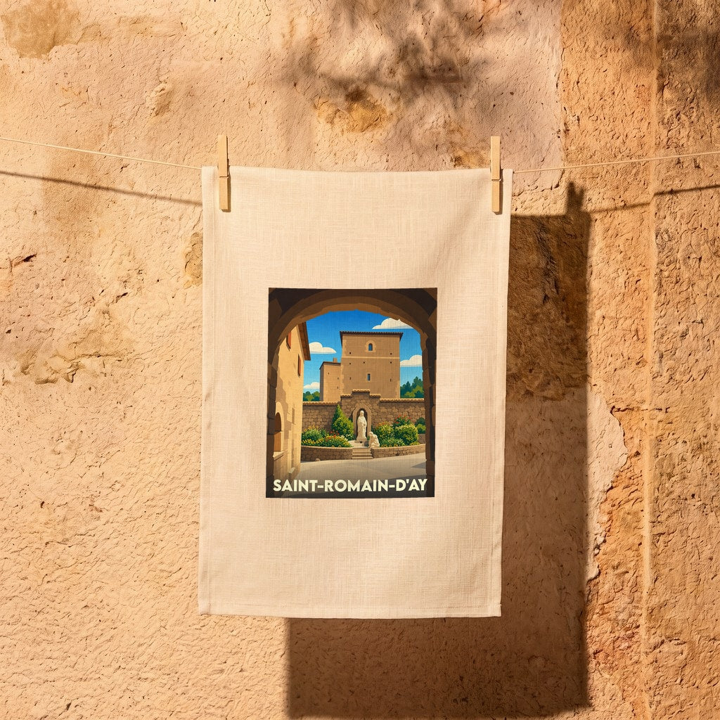 Torchon souvenir de la ville de Saint-Romain-d'Ay avec une illustration stylisée d'un sanctuaire.