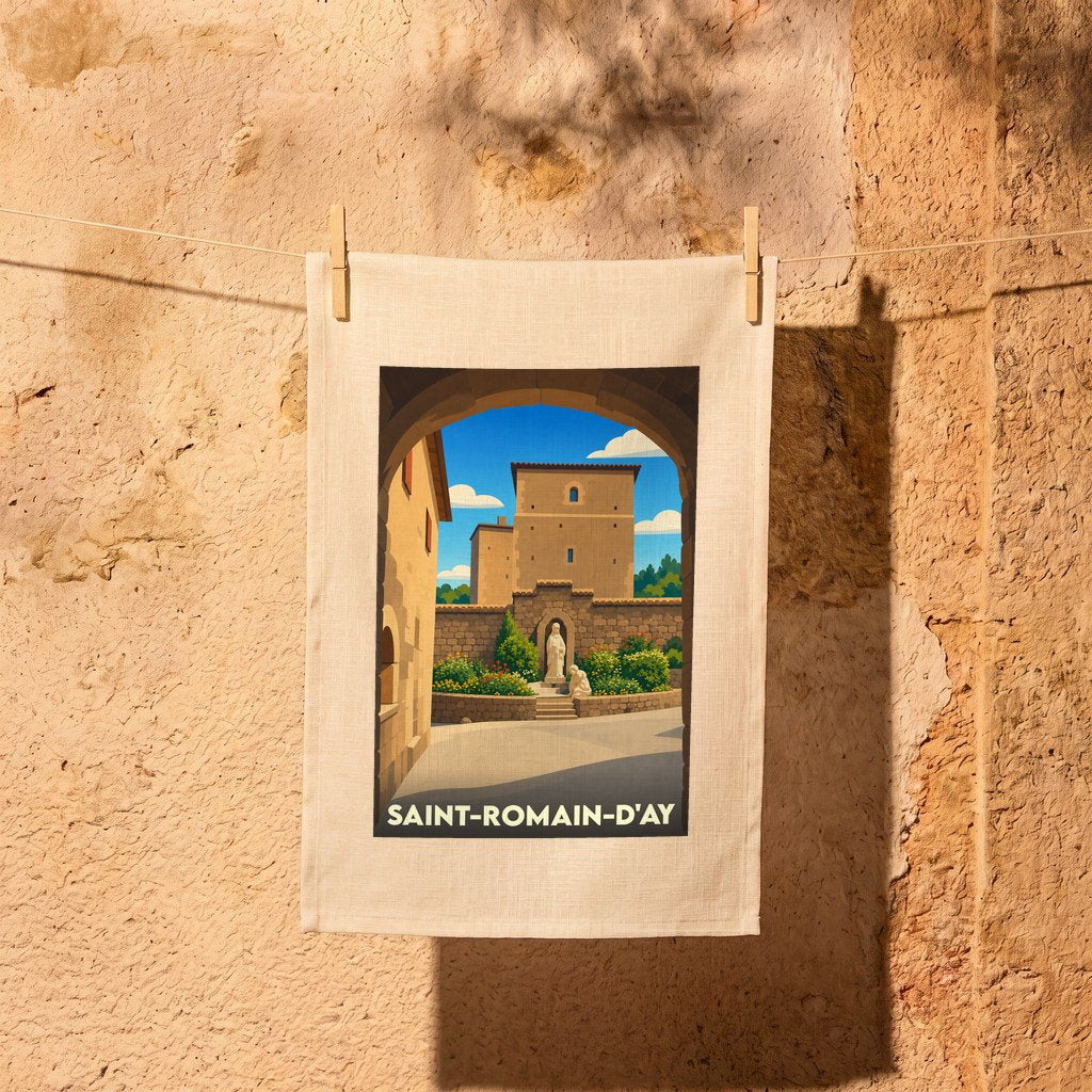 Torchon souvenir de la ville de Saint-Romain-d'Ay avec une illustration stylisée d'un sanctuaire.