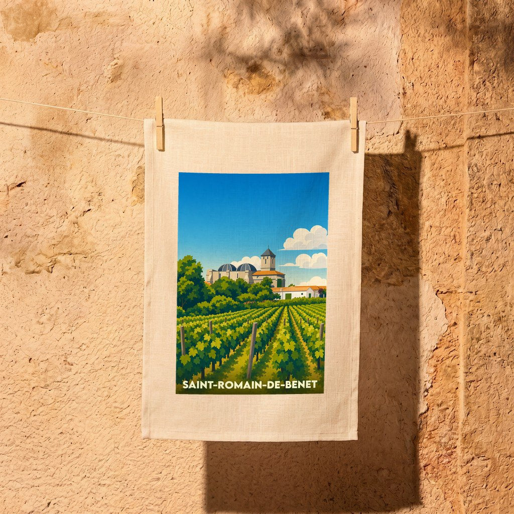 Torchon souvenir de Saint-Romain-de-Benet avec une illustration stylisée de ses vignobles et de son église.