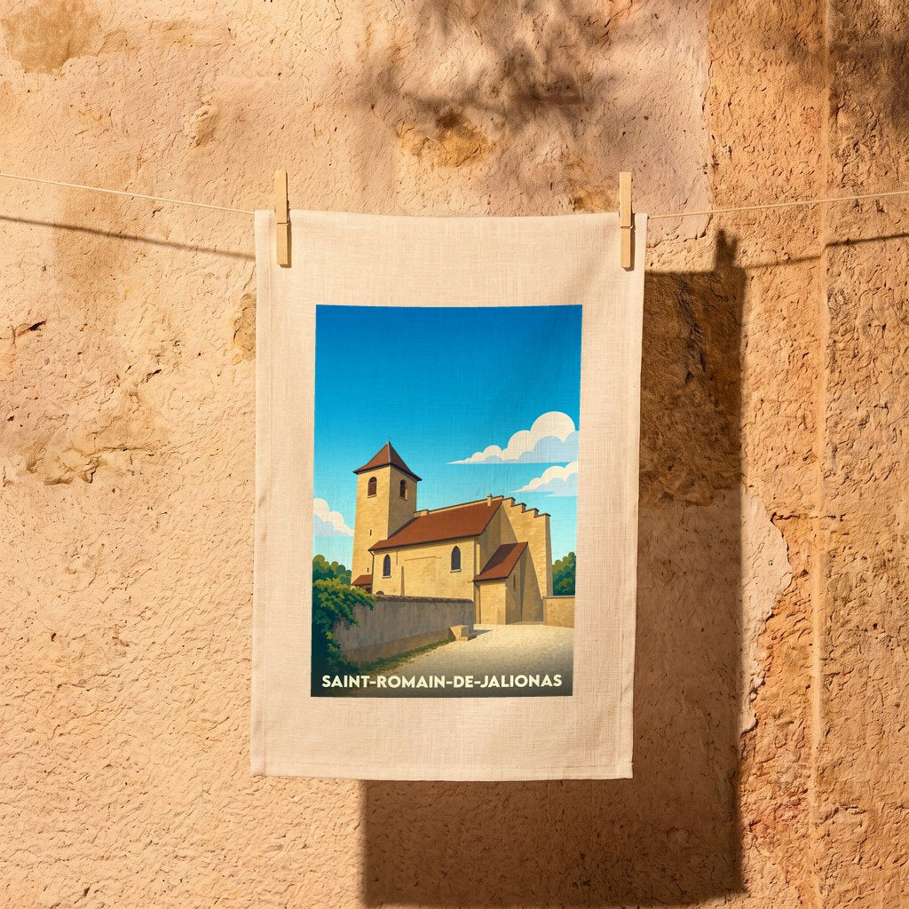 Torchon souvenir de la ville de Saint-Romain-de-Jalionas avec une illustration stylisée de son église.